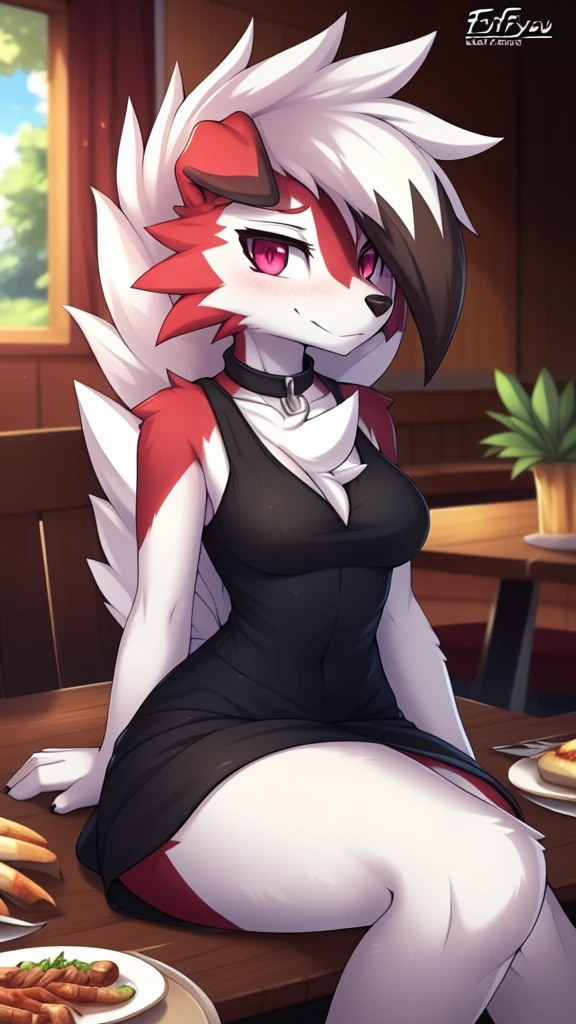 By zinfyu,by twistedscarlet60, uploaded on pixiv, by fluff-kevlar, (masterpiece), (best quality), (solo female:1.2), (extremely detailed:1.3),(detailed eye,black circle on eye,pink eye), lycanroc midnight, view on viewer, close view, shy face, half body on potrait, only body and head, close view, wearing black dress,in dining room,food,sitting, table, (tail:1.1), closeup photo of lycanroc, adult body posture, has flower on her hair