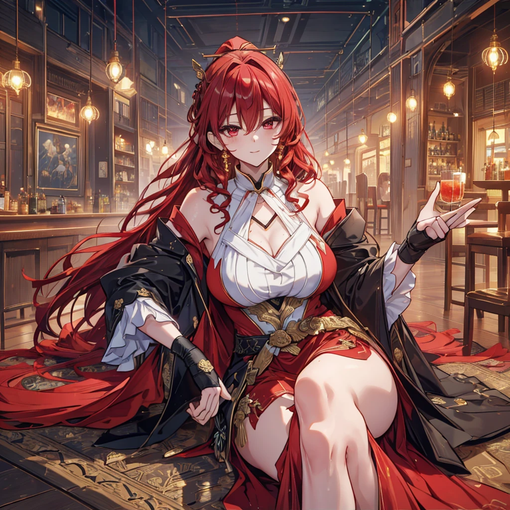 Crossing your legs, Anime style painting, An illustration, Liquor, バーに座ってカクテルを飲むwoman, look return, return, 背景の棚には多彩な色のLiquor瓶が並んでいる, Quiet bar, Calm expression, Perfect hands, elder, Redhead, Dignity at 50, ほろ酔いのwoman, alone、(Highly detailed returnground:1.0)、(Highly detailed returnground:1.0)、masterpiece、Highest quality、(Babes)、Fractal Art、Red eyes、Narrow eyes、Black and red dress, Reddish lips、From the shoulders up、smile、一人のwoman、Red Long Ponytail, Curly Hair, Red eyes,Golden accessories, alone, Big Breasts, woman, Take-out, Provocative laughter,40 year old woman,Queen of Sadism, Highly detailed returnground, Perfect Human Medicine,