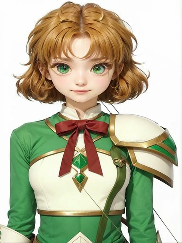 realisitic, 4K, High definition, Fuu is an exemplary student, with green hair that resembles tree leaves. Your brown eyes are always curious and observant. As the Wind Magic Warrior, your green armor is light and aerodynamic. She wields a bow with precision, shooting arrows that cut through the air like gusts of wind.