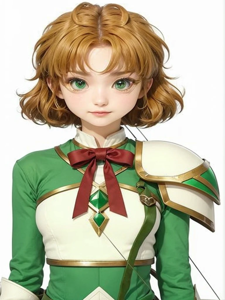 realisitic, 4K, High definition, Fuu is an exemplary student, with green hair that resembles tree leaves. Your brown eyes are always curious and observant. As the Wind Magic Warrior, your green armor is light and aerodynamic. She wields a bow with precision, shooting arrows that cut through the air like gusts of wind.