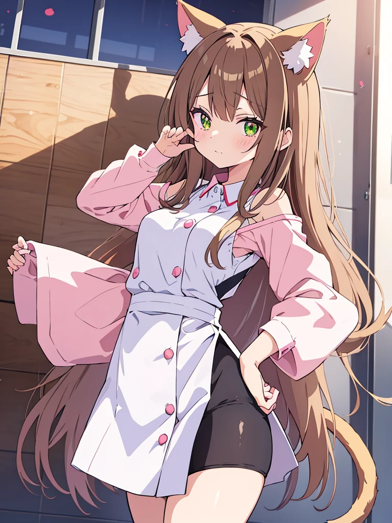 An anime girl with cat ears and a cat tail, dressed as a nurse. She has long, straight light brown hair that falls softly over her shoulders.. His eyes are large and emerald in color., full of sweetness and empathy. Las orejas de gato son esponjosas y the same color as your hair, with slightly darker tips.She wears a white nurse's uniform with pink trim., a white apron with a small pink bow on top, and a nurse's hat with a red cross. Her cat tail is long and fluffy, the same color as your hair, and curves gracefully behind her.He is standing in a bright hospital room, with a kind expression and a slight smile. In one hand he holds a tray with medical supplies, while the other hand is raised in a greeting gesture. Around it, there are details like a hospital bed, a small table with flowers and a window where the sunlight comes in.