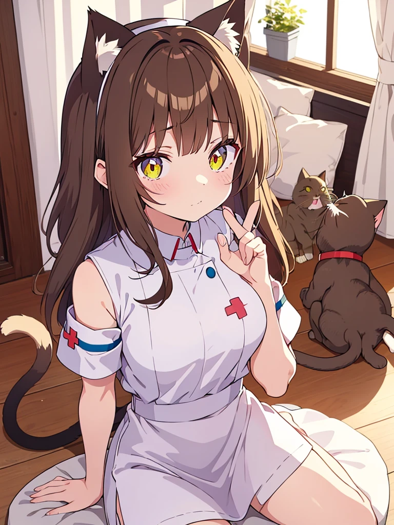 An anime girl with cat ears and a cat tail, dressed as a nurse. She has long, straight light brown hair that falls softly over her shoulders.. His eyes are large and emerald in color., full of sweetness and empathy. Las orejas de gato son esponjosas y the same color as your hair, with slightly darker tips.She wears a white nurse's uniform with pink trim., a white apron with a small pink bow on top, and a nurse's hat with a red cross. Her cat tail is long and fluffy, the same color as your hair, and curves gracefully behind her.He is standing in a bright hospital room, with a kind expression and a slight smile. In one hand he holds a tray with medical supplies, while the other hand is raised in a greeting gesture. Around it, there are details like a hospital bed, a small table with flowers and a window where the sunlight comes in.