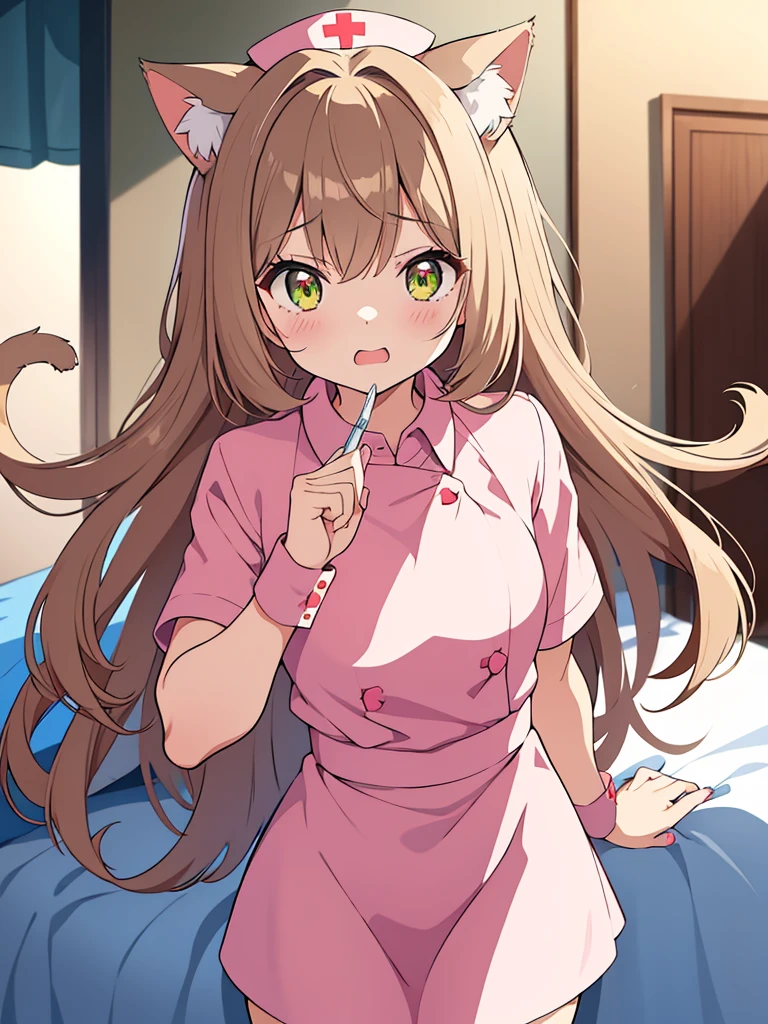 An anime girl with cat ears and a cat tail, dressed as a nurse. She has long, straight light brown hair that falls softly over her shoulders.. His eyes are large and emerald in color., full of sweetness and empathy. Las orejas de gato son esponjosas y the same color as your hair, with slightly darker tips.She wears a white nurse&#39;s uniform with pink trim., a white apron with a small pink bow on top, and a nurse&#39;s hat with a red cross. Her cat tail is long and fluffy, the same color as your hair, and curves gracefully behind her.He is standing in a bright hospital room, with a kind expression and a slight smile. In one hand he holds a tray with medical supplies, while the other hand is raised in a greeting gesture. Around it, there are details like a hospital bed, a small table with flowers and a window where the sunlight comes in.