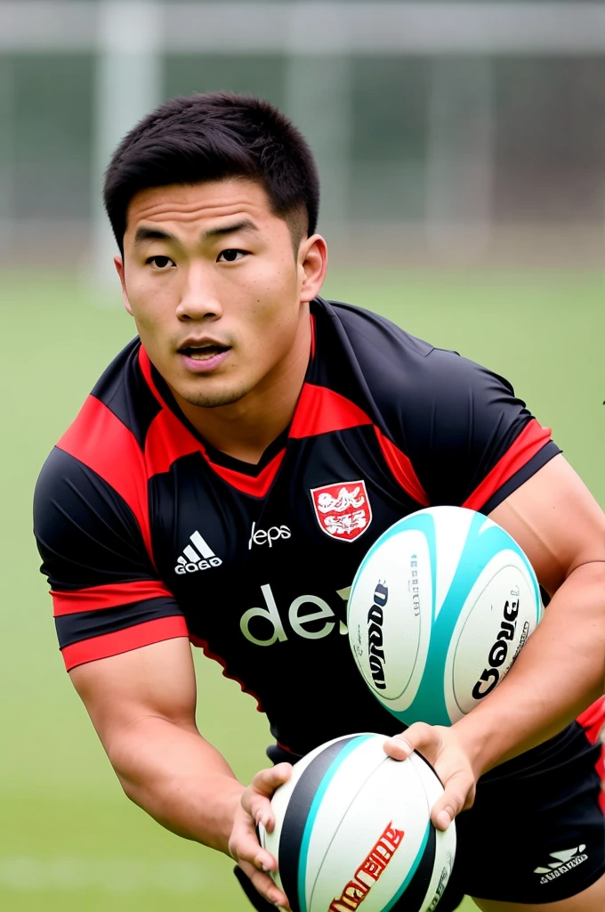 Picture of a handsome Asian rugby player with short hair and no beard.., Express your athleticism and charm in a respectful and appropriate environment.