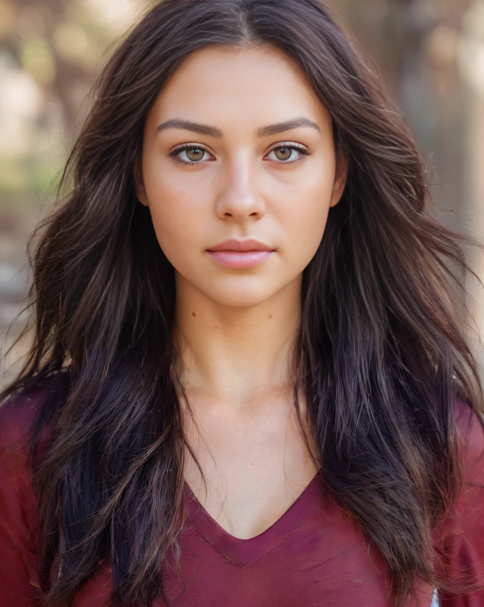 A close up of a woman with long hair and a red shirt - SeaArt AI