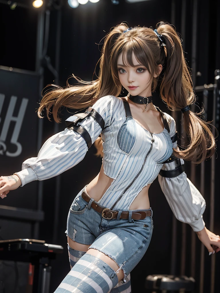 (Full Body View:1.4)、(Back view:1.4)、(Smiling with teeth showing:1.3),(Shibuya Gal:1.5)、(Gothic Lolita style fashion:1.5)、(Punk RockVisual Kei:1.5)、(Wearing a rhythmic gymnastics bodysuit with intricate details:1.4)、(Racing suit and pants with intricate decorations in white, denim and charcoal:1.5)、(Denim and light blue and white boots:1.3)、((belt))、(Numerous delicate logo marks all over the costume:1.4)、(collar:1.3)、(Striped underwear:1.5)、20-year-old、NSFW、((Highest quality、In 8K、masterpiece:1.3))、Sharp focus:1.2、(Layered Cut、Huge boobs:1.1),Beautiful woman with perfect figure:1.4、(Dancing vigorously:1.3)、Slender Abs:1.2、Highly detailed face and skin texture、Detailed eyes、double eyelid,(Twin tails:1.3)、(Brown-golden hair:1.3)、Gravure idol、(The background is a dance carnival:1.3)、(Slim body:1.3),(Make your legs thinner:1.4),(clavicle:1.1)、(Thin and slim thighs:1.3)