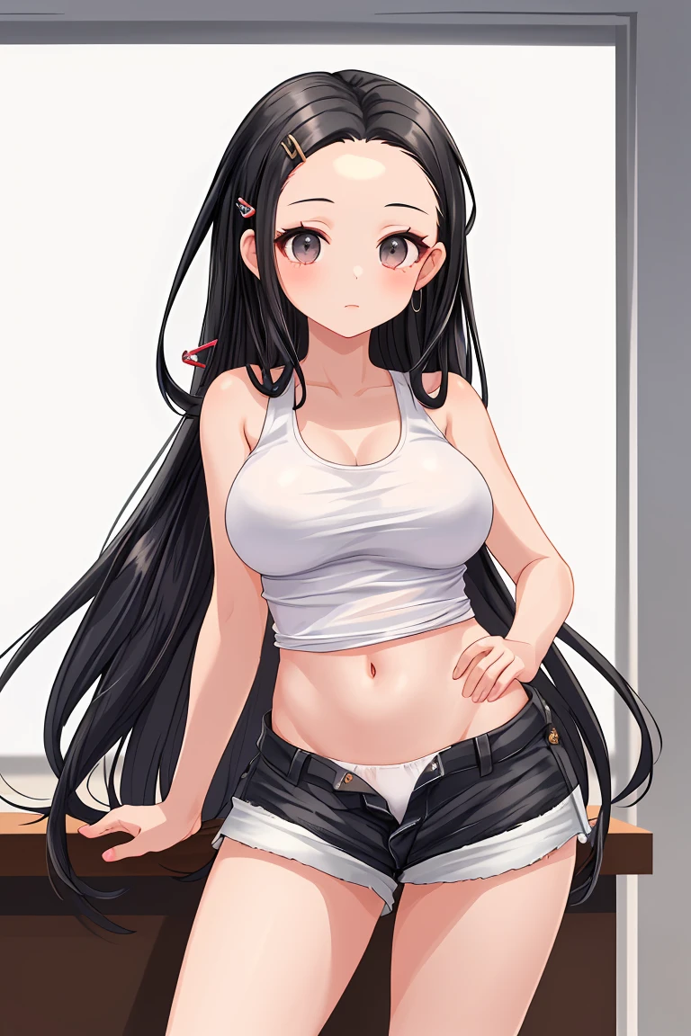 Black Hair　Beautiful breasts　beautiful girl　Tank top　mini skirt　White panties through the gap in shorts　hairpin　Long Hair　Forehead