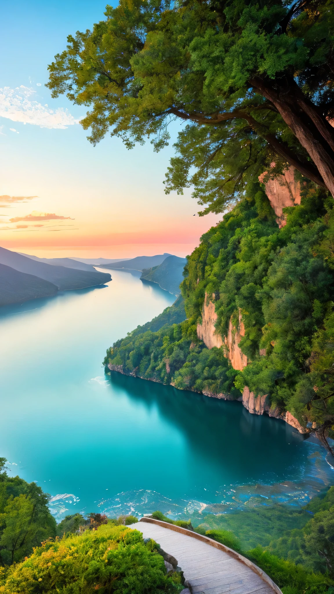 masterpiece, Ultimate quality, Cg unity 8k wallpaper, Ultra-delicate, Beautiful sky and clouds, Rich natural scenery, cliff, Lakes and rivers, Waterfalls and flying water, Beautiful green mountains, No one is seen, beautiful landscape, Won a photography competition, Background blur, Full depth, HDR High Dynamic Range, Real recovery, complex, Extreme details, Dramatic, Perfect presentation of the mid-course art style.