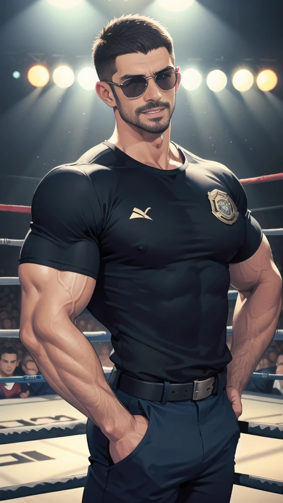 (handsome Man),(Thin mustache:1.1),(crew cut short hair:1.5),black eye,
(navy blue tight-fitting round neck short sleeve T-shirt:1.3),(Police badge:1.3),navy blue cargo pants,(navy_gloves:1,3),(navy_backpack:1.3),(sunglasses:1.3),
Korean guy,chest muscles,large arm muscles,blood vessel,Big muscles,Broad shoulders,(open mouth:1.2),(face up:1.2),(open eyes:1.5),middle of the road,smile,(boxing ring:1.4),