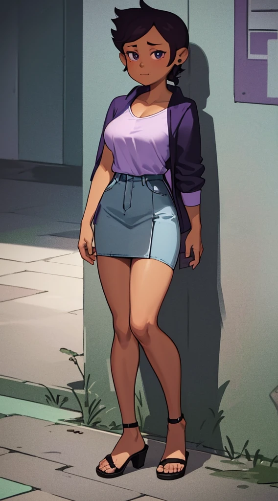 Luz Noceda, massive breasts, cleavage, ((purple and white small shirt and a black stripped miniskirt)), high quality fanart, open legs Style, official fanart, , official art, (nsfw), barefoot, ((open-toe platform heels))