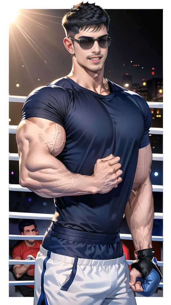 (handsome Man),(Thin mustache:1.1),(crew cut short hair:1.5),black eye,
(navy blue tight-fitting round neck short sleeve T-shirt:1.3),(Police badge:1.3),navy blue cargo pants,(navy_gloves:1,3),(navy_backpack:1.3),(sunglasses:1.3),
Korean guy,chest muscles,large arm muscles,blood vessel,Big muscles,Broad shoulders,(open mouth:1.2),(face up:1.2),(open eyes:1.5),middle of the road,smile,(boxing ring:1.4),