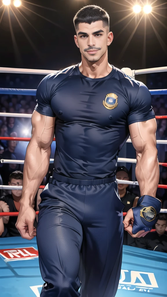 (handsome Man),(Thin mustache:1.1),(crew cut short hair:1.5),black eye,
(navy blue tight-fitting round neck short sleeve T-shirt:1.3),(Police badge:1.3),navy blue cargo pants,(navy_gloves:1,3),(navy_backpack:1.3),(sunglasses:1.3),
Korean guy,chest muscles,large arm muscles,blood vessel,Big muscles,Broad shoulders,(open mouth:1.2),(face up:1.2),(open eyes:1.5),middle of the road,smile,(boxing ring:1.4),