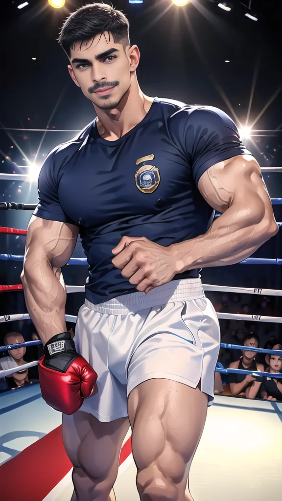 (handsome Man),(Thin mustache:1.1),(crew cut short hair:1.5),black eye,
(navy blue tight-fitting round neck short sleeve T-shirt:1.3),(Police badge:1.3),navy blue cargo pants,(navy_gloves:1,3),(navy_backpack:1.3),(sunglasses:1.3),
Korean guy,chest muscles,large arm muscles,blood vessel,Big muscles,Broad shoulders,(open mouth:1.2),(face up:1.2),(open eyes:1.5),middle of the road,smile,(boxing ring:1.4),