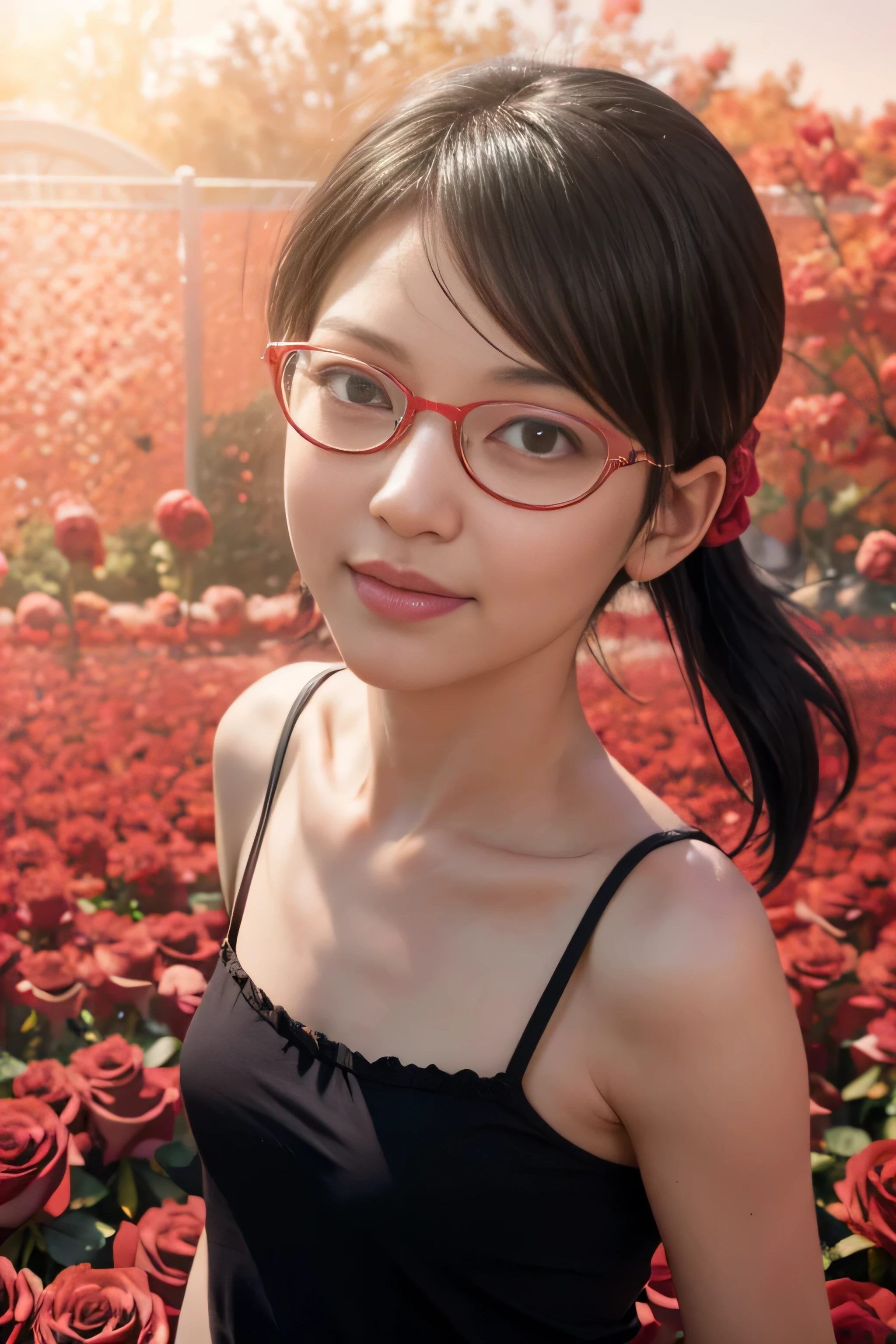 masterpiece, best quality, (realistic,photo-realistic:1.4), (RAW photo:1.2), extremely detailed CG unity 8k wallpaper, delicate and beautiful, amazing,finely detail, official art, absurdres, incredibly absurdres, huge filesize, ultra-detailed,extremely detailed eyes and face,light on face,(little smile:1.3),(black hair:1.4),(wearing underwar:1.4),(pixie haircut:1.4),nature,sarada uchiha ,(wearing red framed glasses:1.4),(rose garden background:1.4),(ponytail:1.3)