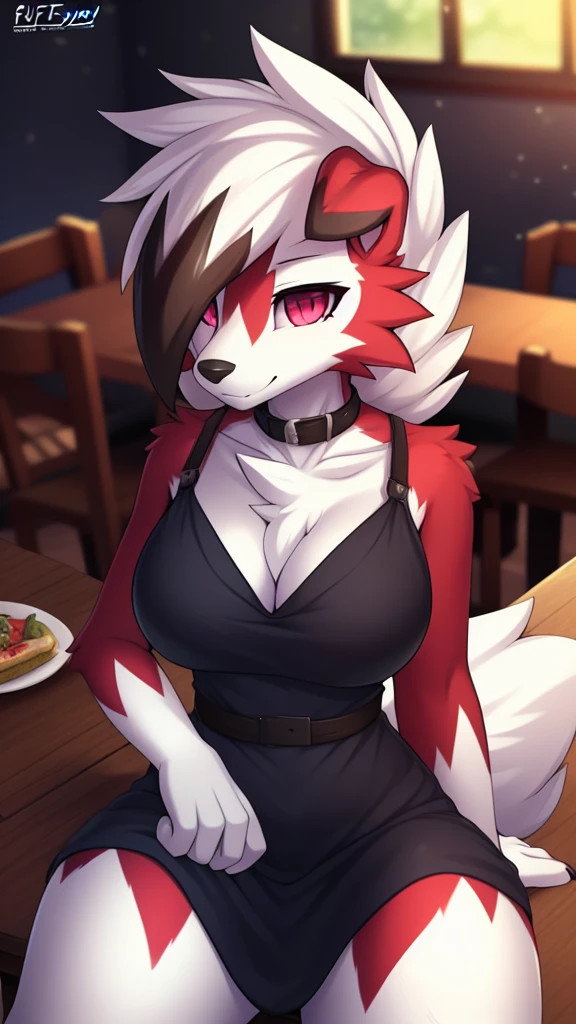 By zinfyu,by twistedscarlet60, uploaded on pixiv, by fluff-kevlar, (masterpiece), (best quality), (solo female:1.2), (extremely detailed:1.3),(detailed eye,black circle on eye,pink eye), lycanroc midnight, view on viewer, close view, half body on potrait, only body and head, close view, wearing black dress,in dining room,food,sitting, table, (tail:1.1), closeup photo of lycanroc, adult body posture, has flower on her hair