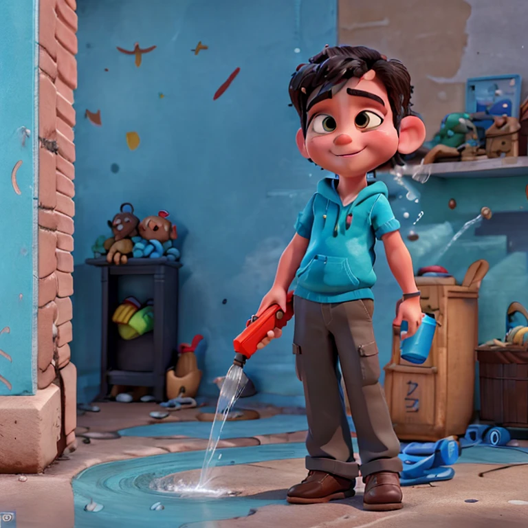 A boy sprays water on the wall with a water gun. Disney Pixar style, 3D, 4K.