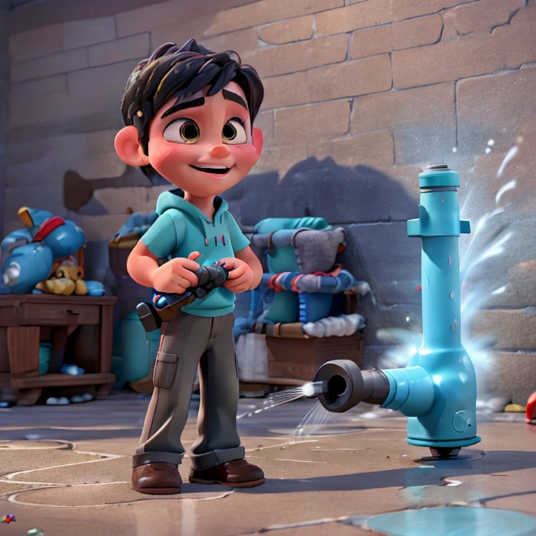 A boy sprays water on the wall with a water gun. Disney Pixar style, 3D, 4K.