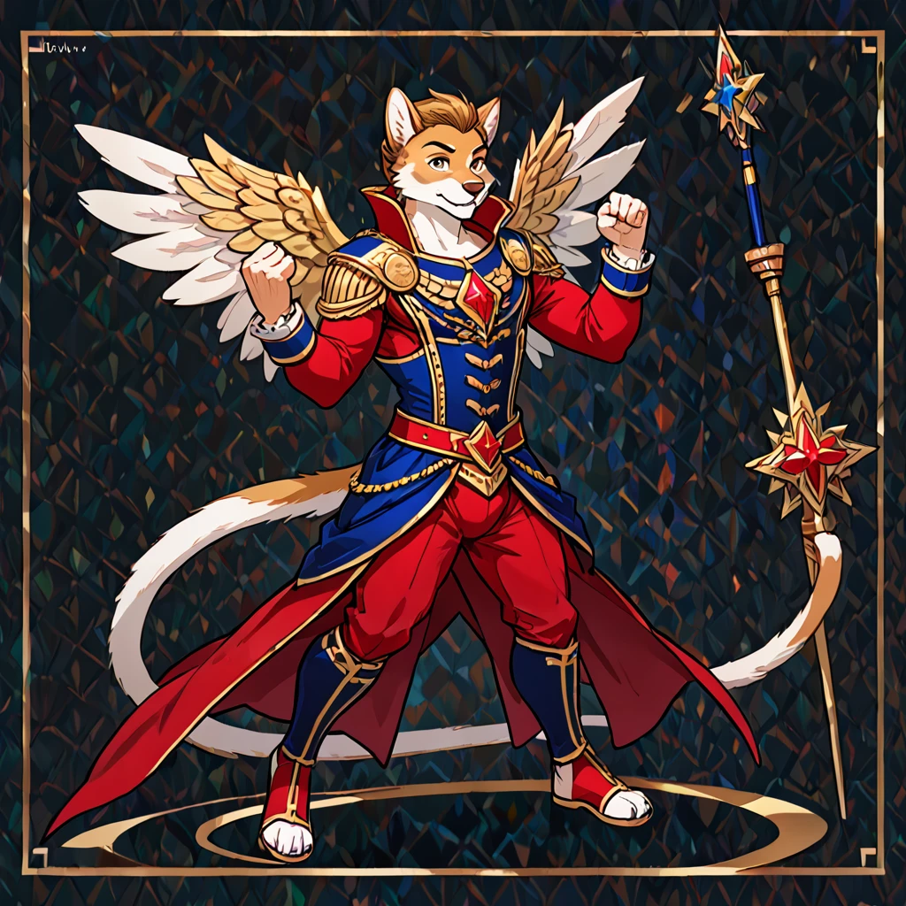 ((masterpiece)), (ultra detailed), (best quality), simple background, (style of fantasy), (in t-pose, full body, hands up), absurdres, perfect anatomy(angelic handsome boy, kemono)(furry anthro),