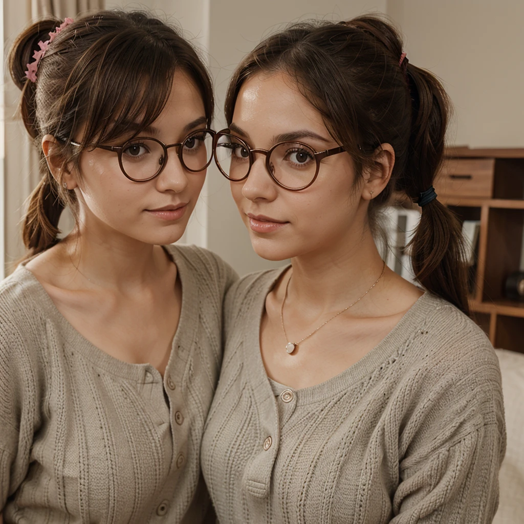 Cute Q version with round-frame glasses and double ponytails
