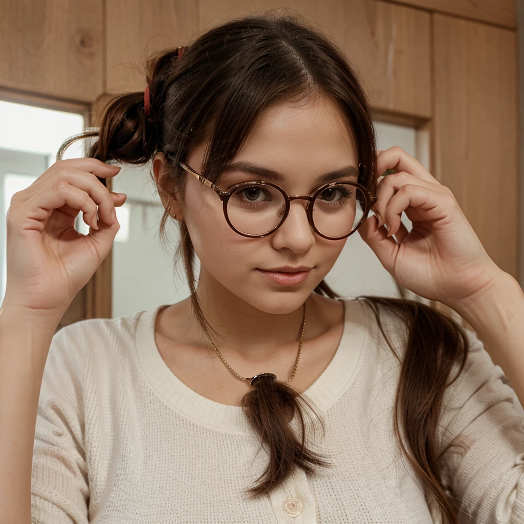 Cute Q version with round-frame glasses and double ponytails