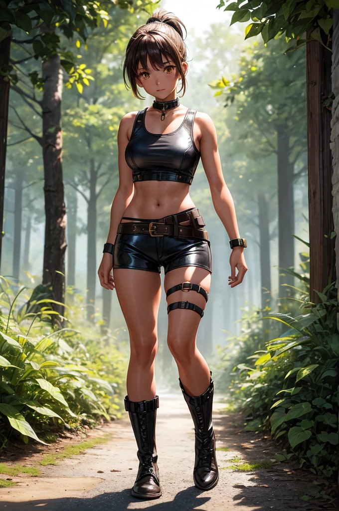 Creating an illustration of a young girl, short brown ponytail, golden eyes, tanned skin, no breasts!!!. she's wearing a leather harness, white sleeveless t-shirt, black fabric short, leather belt, make full body - she's walking in the night forest!!! - digital art style