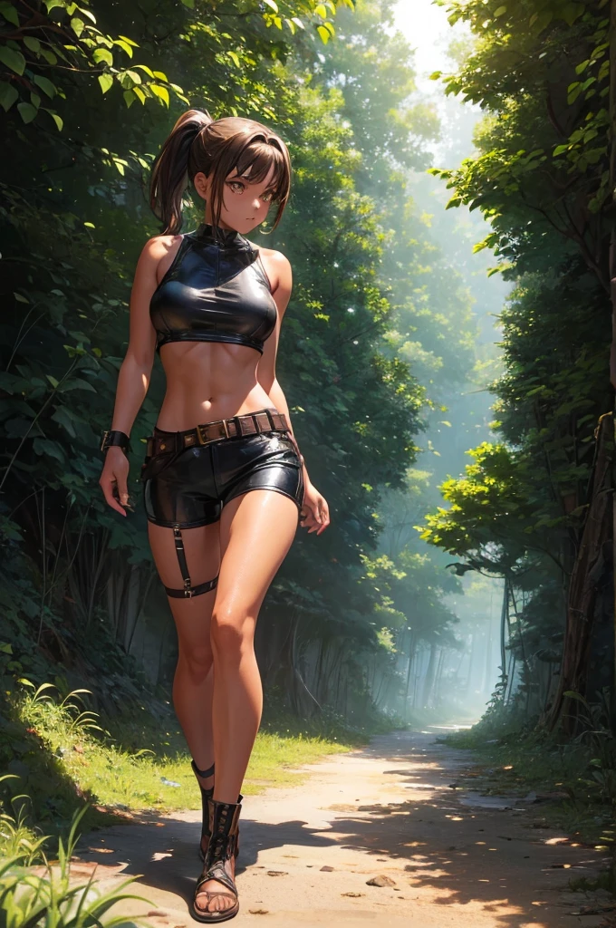 Creating an illustration of a young girl, short brown ponytail, golden eyes, tanned skin, no breasts!!!. she's wearing a leather harness, white sleeveless t-shirt, black fabric short, leather belt, make full body - she's walking in the night forest!!! - digital art style