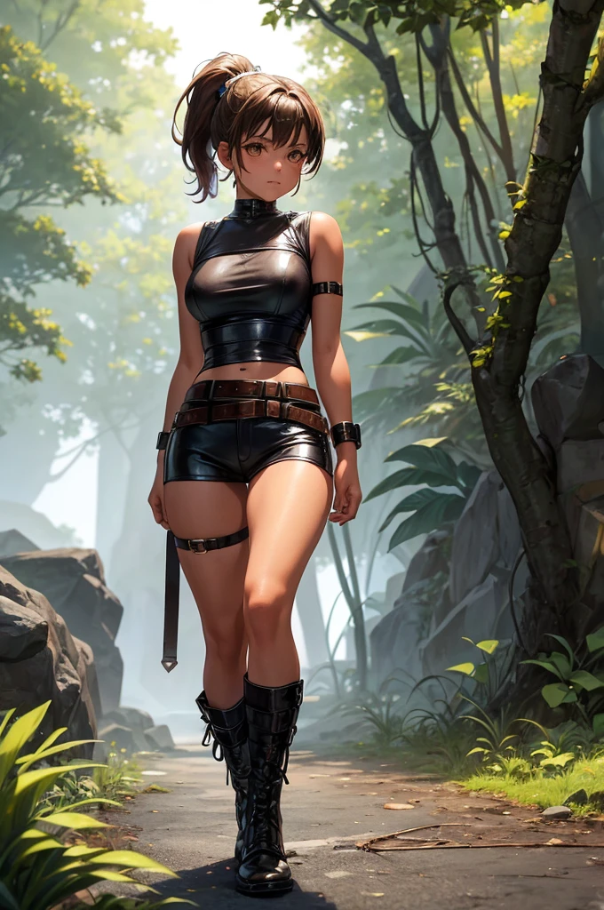 Creating an illustration of a young girl, short brown ponytail, golden eyes, tanned skin, no breasts!!!. she's wearing a leather harness, white sleeveless t-shirt, black fabric short, leather belt, make full body - she's walking in the night forest!!! - digital art style