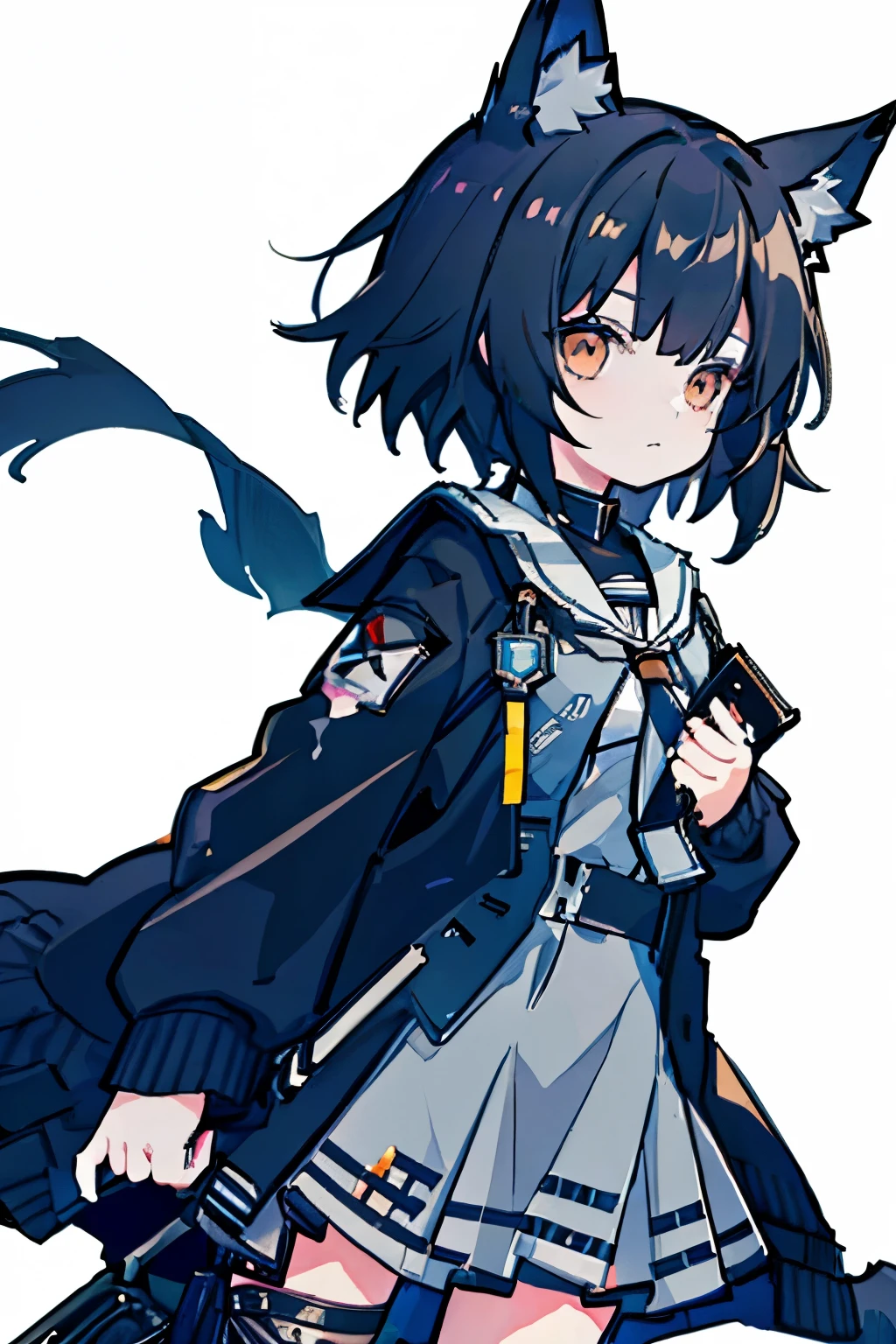 Black hair, dark brown hair, short, wolf ears, school girl, young, loli, young girl, short hair, school girl, daughter, , arknights style, black hair color, arknights character, arknights design, italy, italian girl, fox ear, scared, timid, brown eyes