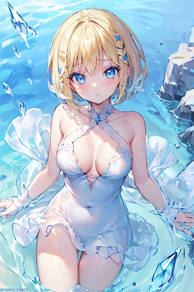 Cute girl in swimsuit(original bikini swimsuit)(Small body) (Girl:1.5), (blonde:1.5)(eyelash:1.2)(eye shadow:1.3) (blue eyes:1.5), (Beautiful details:1.4) (Short Bob Hair:1.4), (blue eyes)(Big Breasts:1.3) (White skin:1.2)height: 130cm, original character, Fantasy, View Viewer Art: (美しい深い瞳を持つGirl. The depth of field in the photo is perfect、Lens flare creates a nice atmosphere. The details of her face really stand out, This photo is definitely a 10+... background, There is a beautiful sea with crystal clear water and floating water droplets. I was embarrassed and panicked.