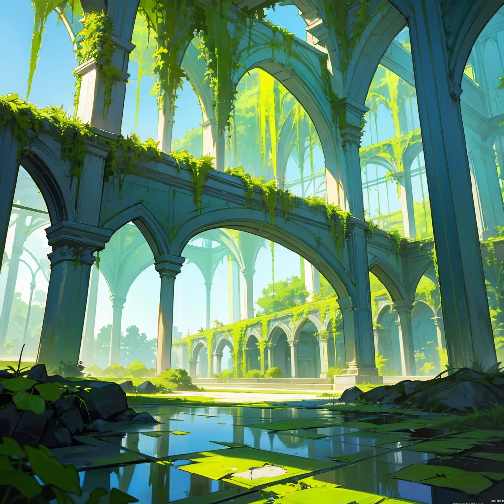 moss green bridges with healthy vines, clean watery grounds, clear blue skies, rocky glassy manors, one large building in the middle with glass walls, reflecting, covered aesthetically with yellowish-green vines
