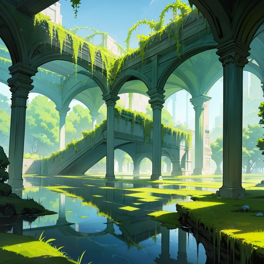 moss green bridges with healthy vines, clean watery grounds, clear blue skies, rocky glassy manors, one large building in the middle with glass walls, reflecting, covered aesthetically with yellowish-green vines
