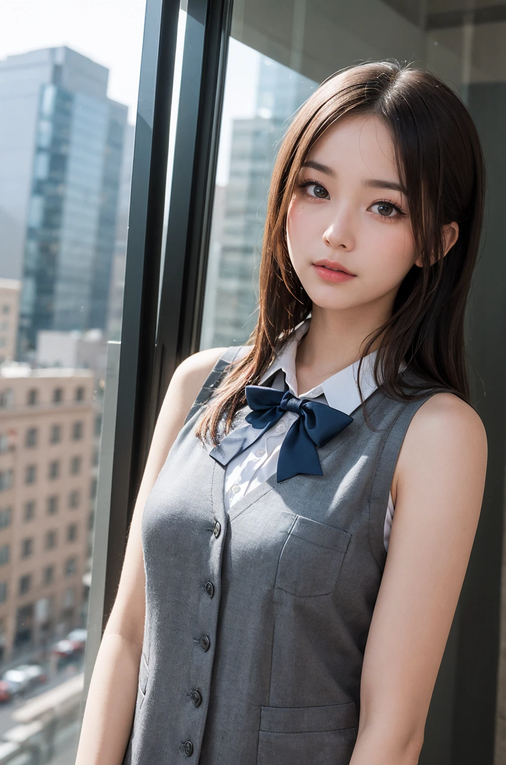 (extremely detailed CG unity 8k wallpaper), (masterpiece), (best quality), (ultra-detailed), (best illustration), (best shadow), ultra-high res, (realistic, photo-realistic:1.2), 1girl, shopping mall rooftop cafe, white opaque shirt with bow tie, puffy eyes, looking at viewer, smile, close up,