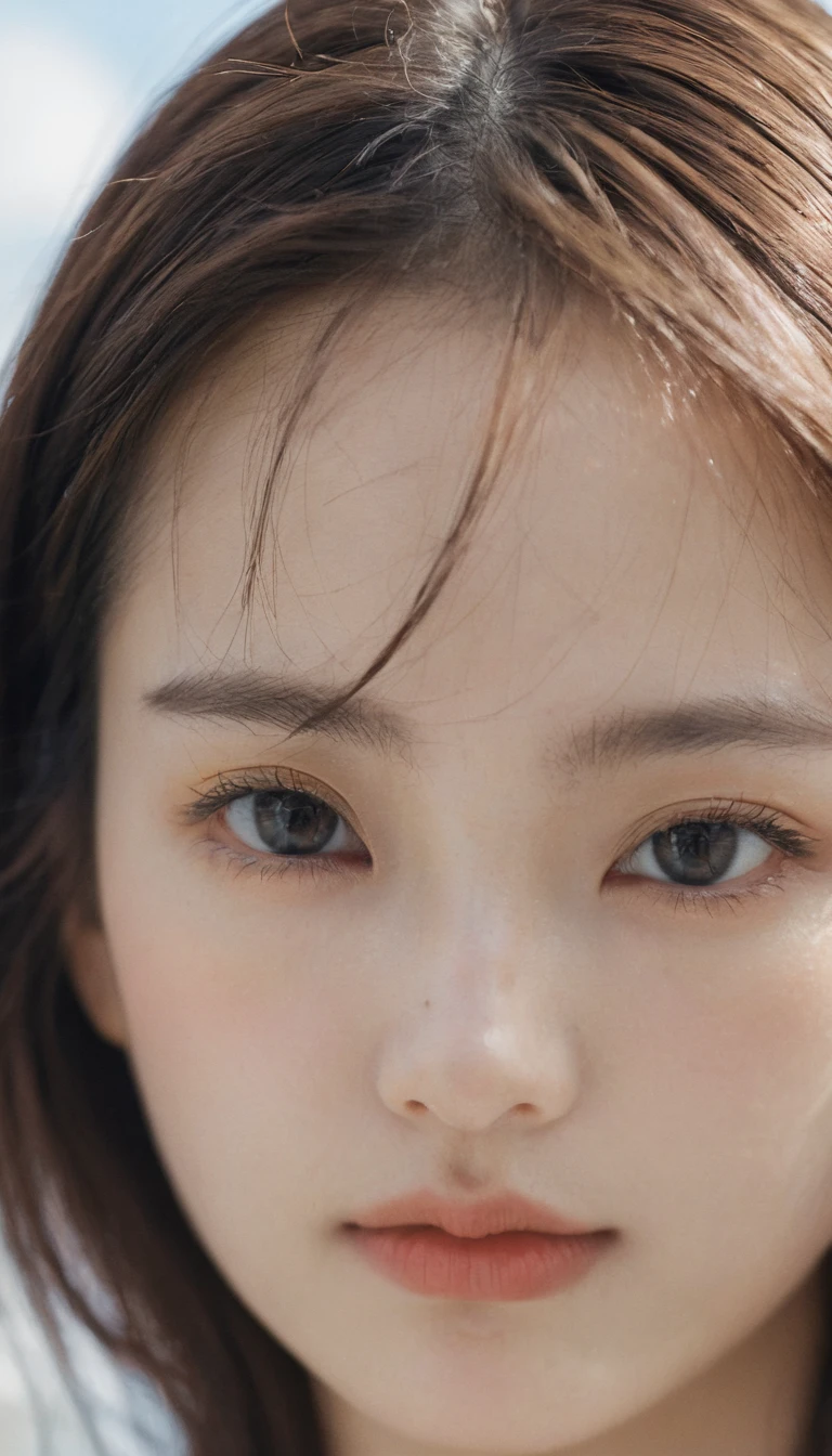 xxmixgirl, Analog Style, Eye focus, Highest quality, (Very detailed skin), Exquisitely beautiful white skin photos, 21 years old, Perfect Face, Captivating eyes, (Seductive makeup: 1.3), Skin pores, (Bokeh:1.5), Sharp focus, Dappled Lighting, (Backlight), Film Grain, (Very detailed, Exquisitely crafted), 8K, High resolution, Front view, Studio Light, Very detailed顔, Fine grain, (double eyelid: 1.4), Aristogle, Brown eyes, (commercial: 1.6), (Natural Makeup), ((White studio background: 2))、Summery white fashion、
