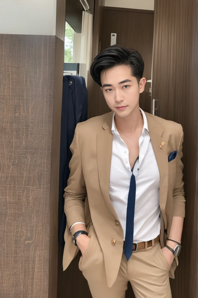 New employee, very handsome, 20 years old.、　（A really cool S-class guy in a suit.）、　เด็กชายJapanอายุ 20 ปี、　businessman、　Luxurious suit、　brown suit、　office、　Standing in a suitＳHandsome young man、　full body photo、　（ภาพถ่ายที่มีรายละเอียดhighของ CG Unity 8K）、　（มีรายละเอียดhighＳhandsome man in class）、　（Real photos）、　　（（คุณภาพhighสุด））、　very detailed、　（Masterpiece）、　คุณภาพของภาพที่highเป็นพิเศษ、　high、　viewer、　gentle man、　I'm beautiful.、　short hair、　Vivid photos、　Handsome like a model、　Handsome like an idol、　Luxury watches、　Cold Belt、　Japan