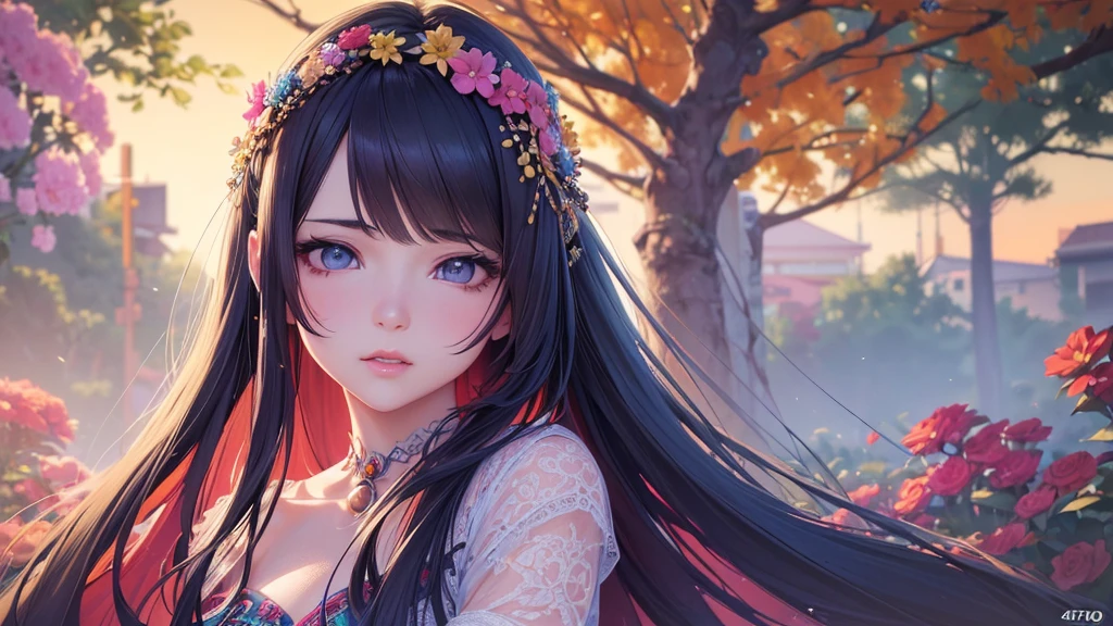 a beautiful anime girl, detailed face, long hair, detailed eyes, detailed lips, wearing colorful dress, flower garden background, (best quality,4k,8k,highres,masterpiece:1.2),ultra-detailed,(realistic,photorealistic,photo-realistic:1.37),vibrant colors,intricate details,cinematic lighting,fantasy art