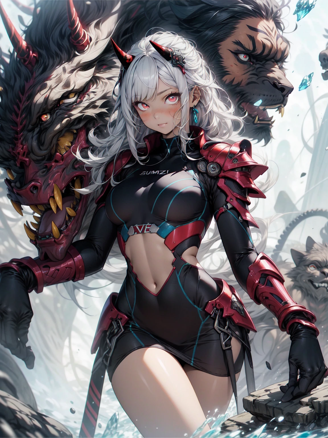Be realistic,(masterpiece,Highest quality,Highest quality,Very detailed,Fractal Art,Most detailed,(Abstract background:1.5)(1 Girl),Kamimei,(Orange ponytail),(orange eyes light、Big Breasts、Toned Abs,Stunned),Abyss Stick、crystallization、Black competitive swimsuit,leotard、Sexy、Orange Machine Armor、Sunburned skin、Demon Horn、Berserk、mini skirt、