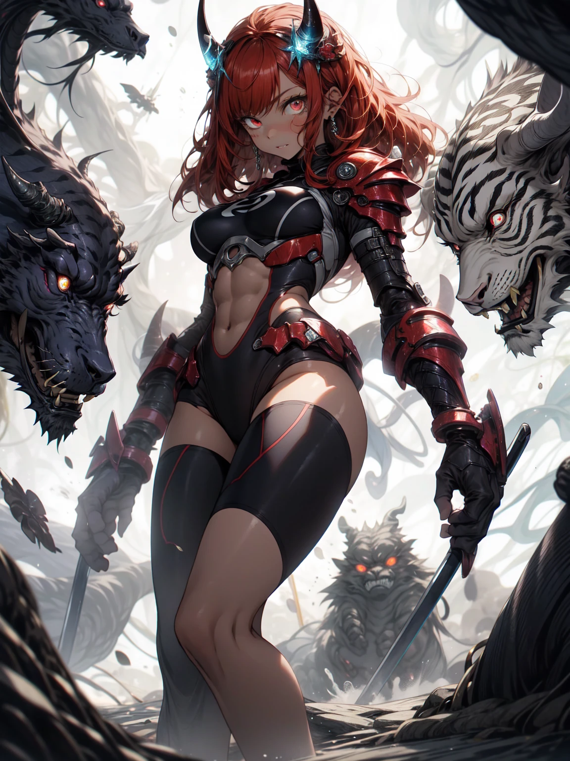 Be realistic,(masterpiece,Highest quality,Highest quality,Very detailed,Fractal Art,Most detailed,(Abstract background:1.5)(1 Girl),Kamimei,(Redhead long hair),(Red eyes glow、ah、Large Breasts、Toned Abs,Stunned),Abyss Stick、crystallization,Black competitive swimsuit、High Leg、Sexy、Machine Armor、Sunburned skin、Demon Horn、Berserk、There are large wounds on the body、mini skirt