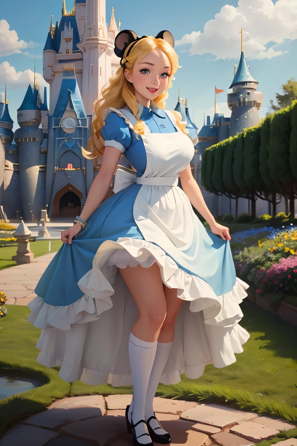 (masterpiece), (best quality), (extremely detailed), alice liddell, blue dress, white apron, black hairband, white long socks, cute pose, in a flower garden, (((disney castle at the background))), (blue sky), (sunny day), 3d. Illustration, Good Highlights, Perfect Proportions, dynamic, Professional, Award winning, (high detailed skin), (high detailed face), photorealistic, HDR, ultra highres, absurdres, perfect body shape, cute smiling, realistic figure, sexy posing, teaser standing, perfect breast, dansing pose