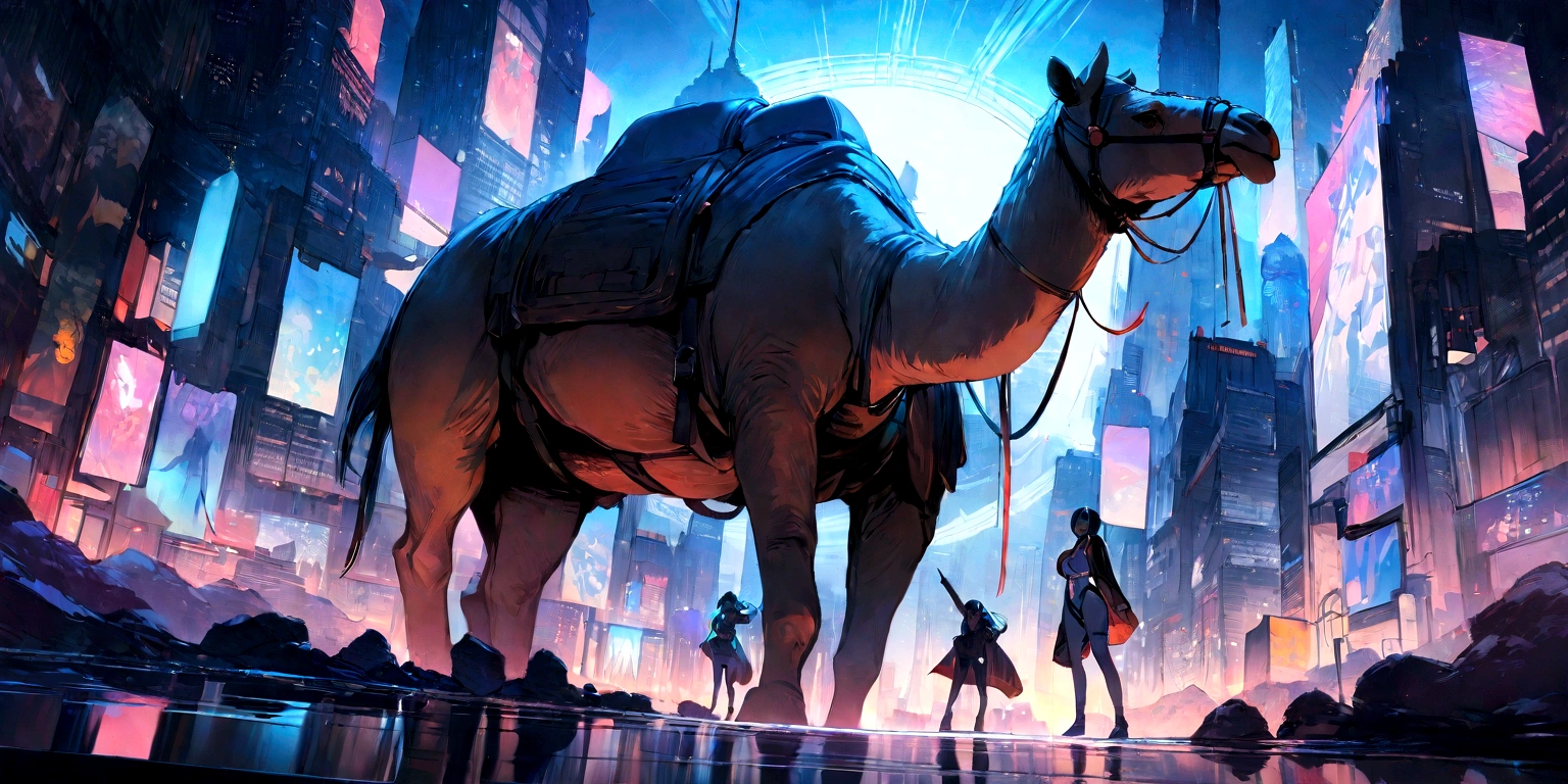 ((masterpiece, Highest quality, Best image quality, High resolution)) Camel Devil、A camel and a great woman、Noble、Glowing blue light and advanced cybernetic enhancements. Seen in dynamic action poses, reflection on a smooth surface. The cityscape below is filled with towering skyscrapers., illuminated by colorful holographic advertisements, Shining with blue energy, Mighty power. The overall atmosphere is dark and mysterious., It had a futuristic techno vibe.. The lighting is dramatic, Intense highlights and deep shadows, Creates depth and tension. Color Palette