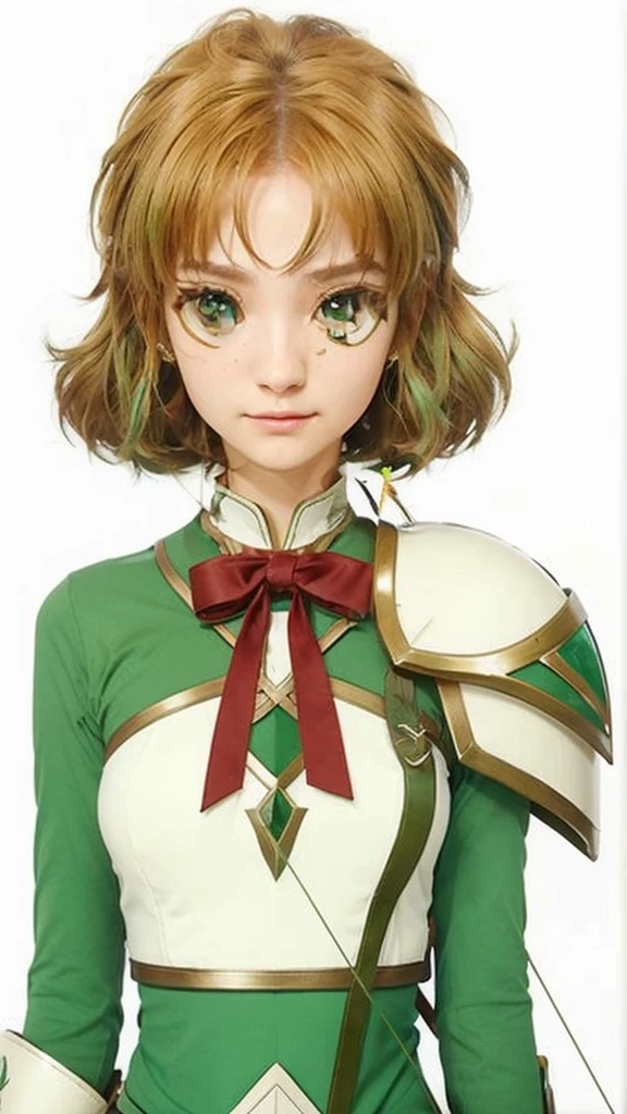 realisitic, 4K, High definition, Fuu is an exemplary student, with green hair that resembles tree leaves. Your brown eyes are always curious and observant. As the Wind Magic Warrior, your green armor is light and aerodynamic. She wields a bow with precision, shooting arrows that cut through the air like gusts of wind.