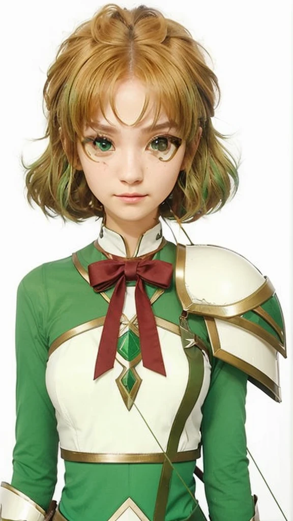 realisitic, 4K, High definition, Fuu is an exemplary student, with green hair that resembles tree leaves. Your brown eyes are always curious and observant. As the Wind Magic Warrior, your green armor is light and aerodynamic. She wields a bow with precision, shooting arrows that cut through the air like gusts of wind.