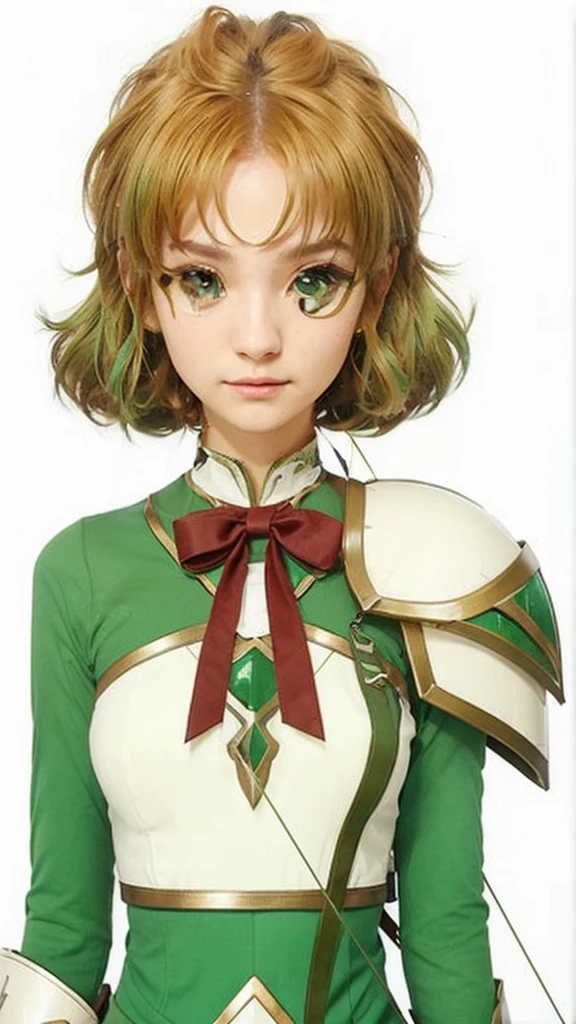 realisitic, 4K, High definition, Fuu is an exemplary student, with green hair that resembles tree leaves. Your brown eyes are always curious and observant. As the Wind Magic Warrior, your green armor is light and aerodynamic. She wields a bow with precision, shooting arrows that cut through the air like gusts of wind.