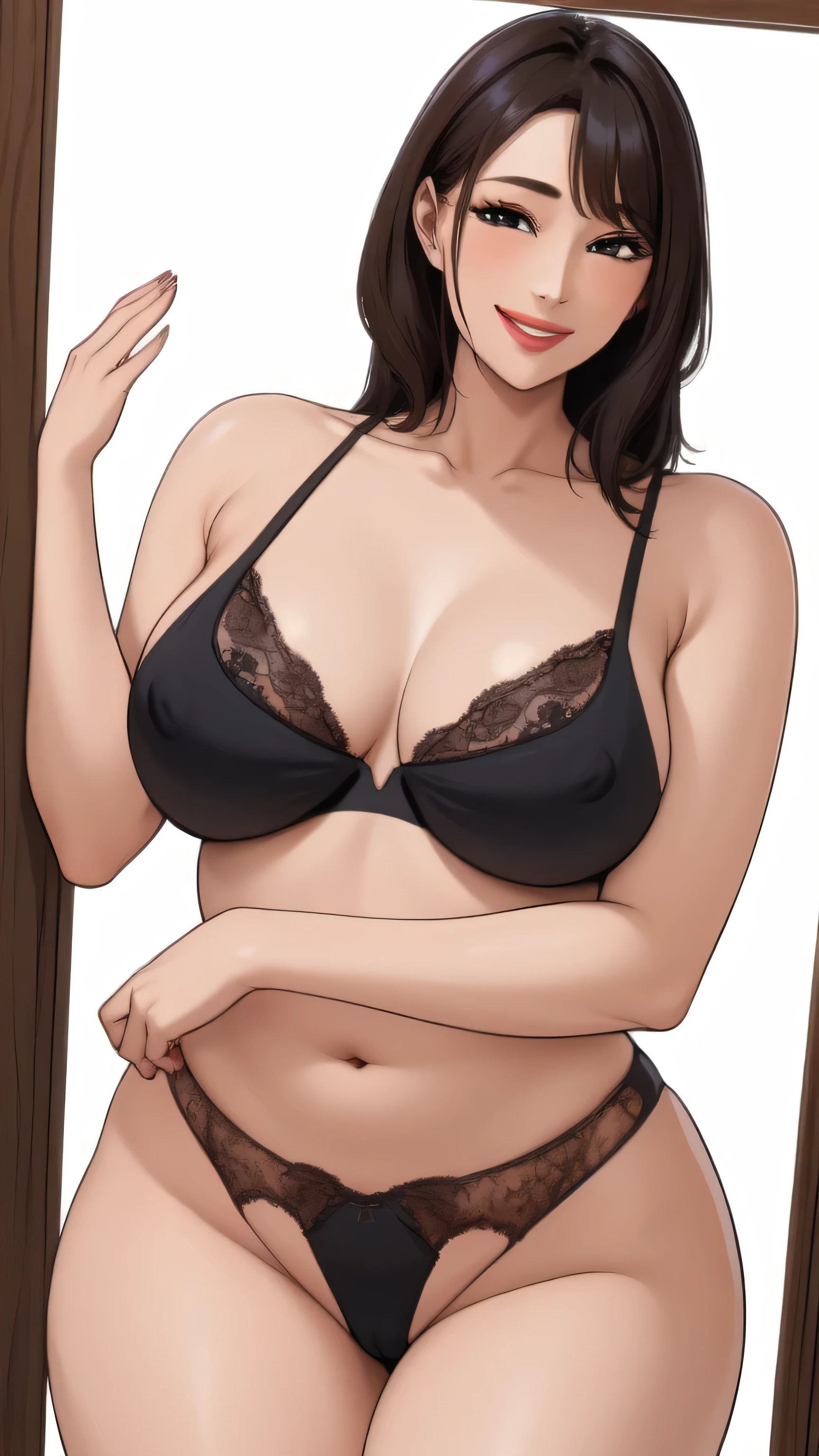 ((best quality)), ((masterpiece)), (detailed), (Realistic), (Vibrant), 1girl, mature female, milf, looking at viewer, plump breasts, cleavage, slightly chubby, hourglass figure, white background, black bra, black panties, brown hair, long hair, skindentation, seductive smile, blushing, motherly, thick thighs