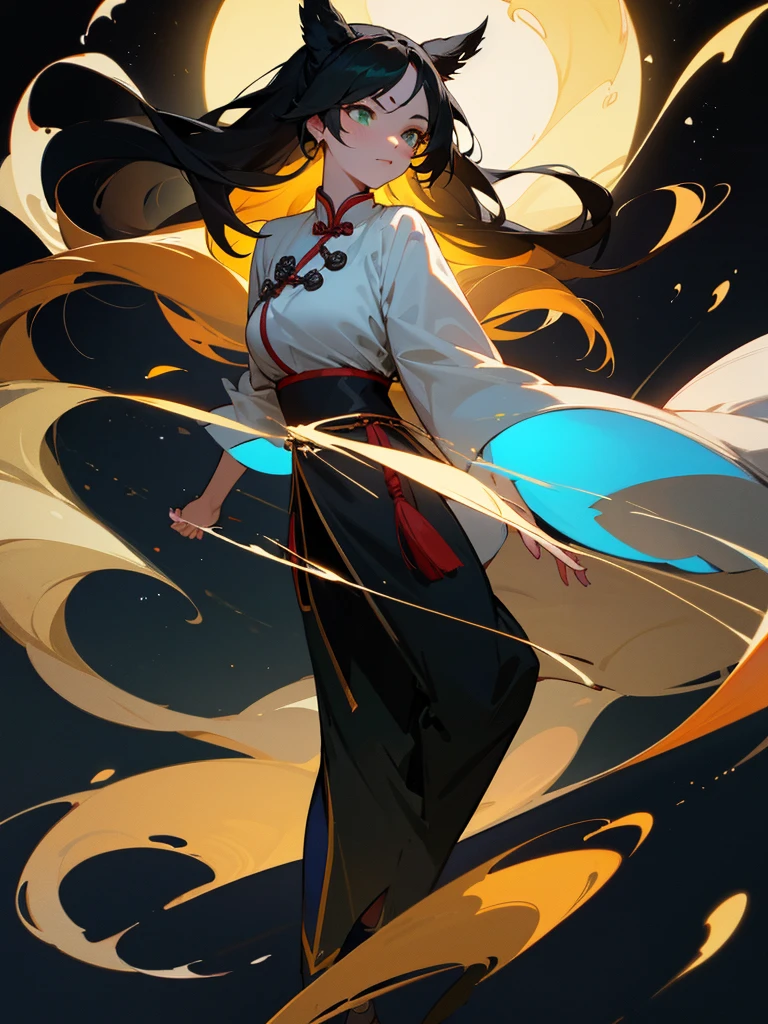 Adult female, strong, green eyes, long black hair, floating hair, forehead wipe, resolute eyes, complex white Taoist Taoist uniform, gorgeous accessories, magic smoke around him, fov, f/1.8, masterpiece, ancient Chinese, night, front portrait shot, full body, side lighting, moonlight shining on people, 8K, ultra HD, HDR, black background