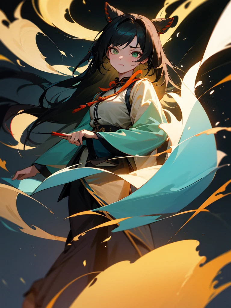 Adult female, strong, green eyes, long black hair, floating hair, forehead wipe, resolute eyes, complex white Taoist Taoist uniform, gorgeous accessories, magic smoke around him, fov, f/1.8, masterpiece, ancient Chinese, night, front portrait shot, full body, side lighting, moonlight shining on people, 8K, ultra HD, HDR, black background