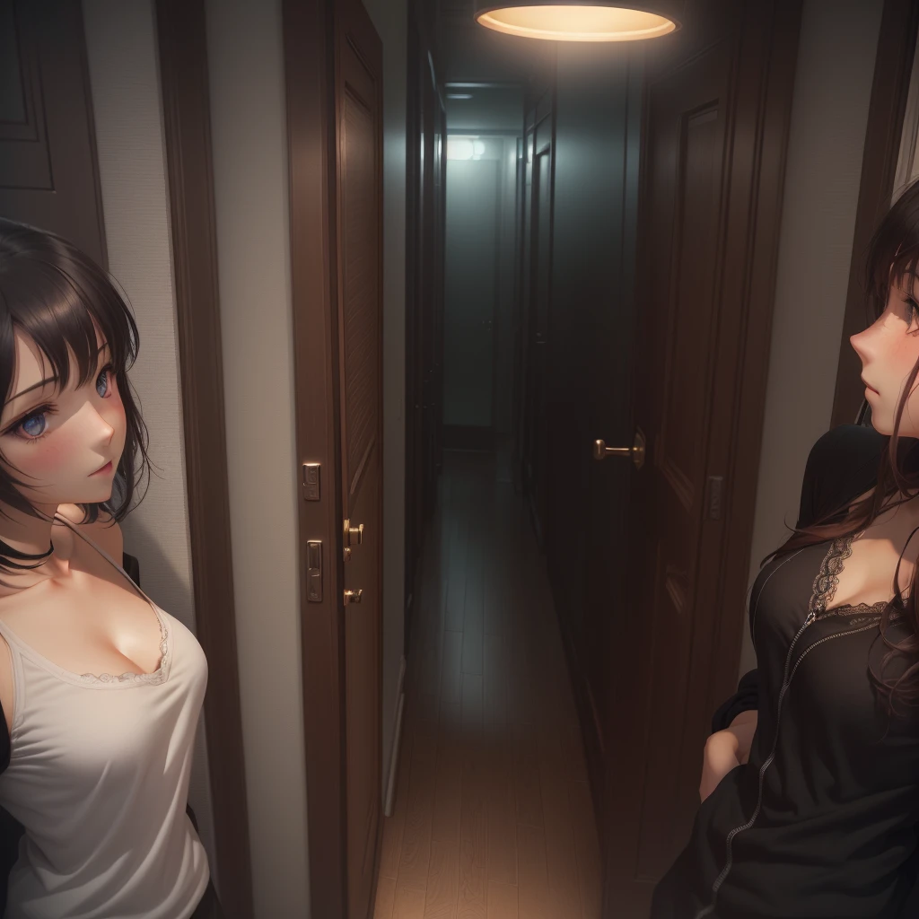 ((Best quality, 8k, Masterpiece: 1.3)), Sharp focus: 1.2, A beautiful woman with perfect body: 1.4, Slim abdomen: 1.2, ((Layered haircut, Large breasts: 1.2)), (no bra) (Small and beautiful hard nipple) (Thin and damp button up to shirt length: 1.1), (White shirt wet by rain), (Rain, Street: 1.2), Wet body: 1.1, Highly detailed face and skin texture,  Detailed eyes, Double eyelid, tanned skin, sexy, tan