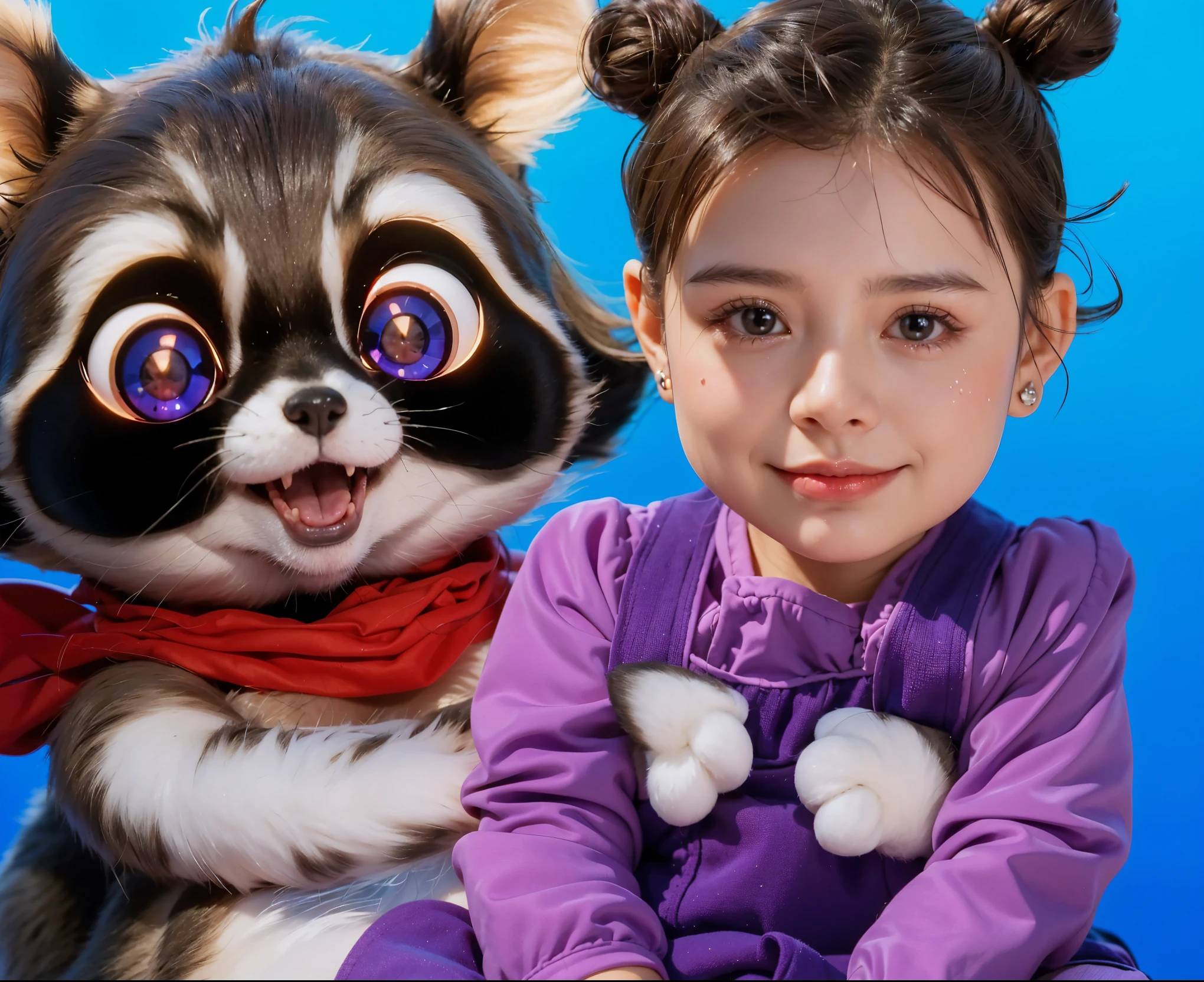 cute paws The image features a young girl sitting on a white surface against a gradient blue background. cute paws She is wearing a light purple outfit with a long-sleeved top and matching overalls. Her hair is styled in two cute buns, and she has small earrings. The girl has a gentle smile on her face, with big, expressive brown eyes and a soft blush on her cheeks, giving her a healthy, rosy complexion. Next to the girl is a cartoonish, adorable raccoon character with large, bright cute paws purple eyes and a cheerful expression. The raccoon has dark fur with lighter patches around its eyes and mouth, and it wears a red scarf. The raccoon appears to be cute paws happily posing with the girl, adding a whimsical and playful touch to the image. The overall atmosphere of the image is warm and charming, capturing the innocence and sweetness of the girl alongside the playful and friendly raccoon character.baby cute small cute pawsgirlcapturing the innocence and sweetness of the . мультяшный рендеринг ключевого кадра, милый 3D рендеринг,,Create ultra sharp цветной рендеринг zbrush. perfect cgi, baby cute small girlcgi art created only with gradients, smooth silhouette, Create ultra sharp skin, high intensity refraction, (plastic material), most beautiful vfx, blue background, plastic refractions, glossy texture, smooth 3d model, multiple light sources, rim light, sharp post effects render, (glossy plastic texture with multiple big light probe refractions), perfect cgi, cgi art created only with gradients, smooth silhouette, high intensity refraction, (plastic material), most beautiful vfx, blue background