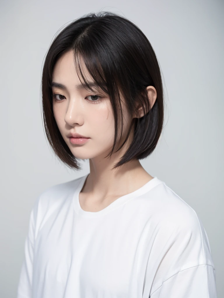 A female anime, wear a short-sleeved shirt, short black and white hair