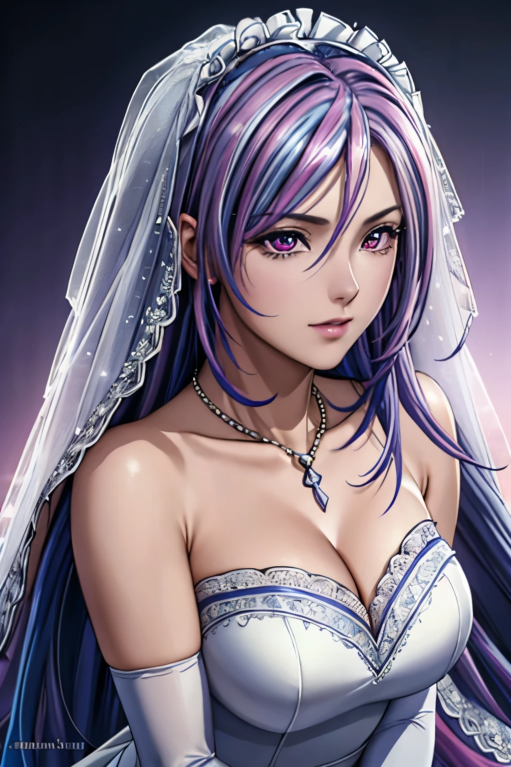 best quality, masterpiece, high resolution, A girl, blond, red eyes, Fashion, necklace, jewelry, Pretty Face, Perfect breasts, more than_Body, Tyndall effect, lifelike, Dark Studio, Side light, Two-color lighting, (HD Skin:1.2), ((Half Body Shot)), ((closeup shot)), mature woman, one person, (Silver blue hair streaked pink purple:1.4), (Gradient sky blue hair ends:1.6), hair strand, absurdly long hair, single sidelock, wavy hair, shiny hair, floating hair, (Illusion deep purple eyes), delicate eyes, aqua eyes, super high detailed eyes, long upper eyelashes, ((glowing eyes)), makeup, Focus on face, Very detailed facial, hot body, break, on the street, looking at the starry night sky, meteor, Technical clothing masterpiece, detailed cloth texture, wedding princess dress, head flower, headdress, (bandeau wedding dress:1.5), (silk dress:1.2), (strapless wedding dress:1.5),
plain purple dress, necklace, earring, cleavage, bouquet, (lace gloves:1.2), (bridal veil:1.2), (short transparent veil:1.2), detailed background, perfect layer cut, clean focus, realism, chiaroscuro, (glowing light), sparkle, ray tracing, cinematic lighting, Futurism, motion blur, atmospheric perspective, Depth of Field, Bokeh, best quality, UHD, super detail, masterpiece, highres, ccurate, retina, anatomically correct