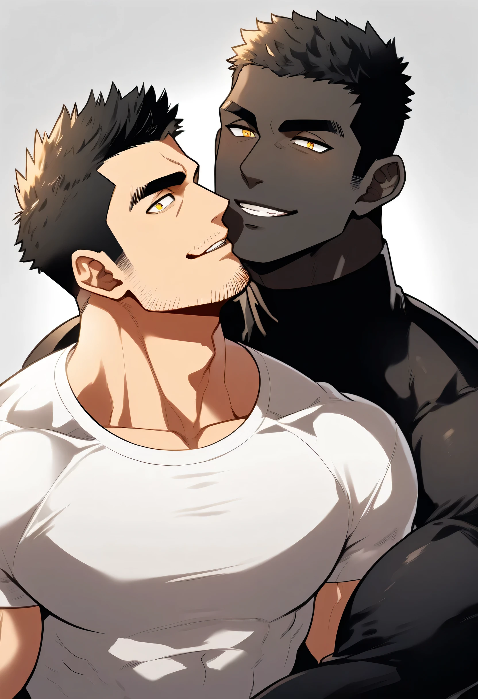 anime characters：Two superheroes in tights, Muscle superhero, negro black skin, They hugged and kissed each other, Bite your neck, Caress, Manliness, male focus, Yellow and black high collar long sleeve tight T-shirt, Slightly transparent material, Very tight, Round, full and perky chest muscles, Male dog waist, Slightly transparent, muscular male, muscular, only, Upper body, alone, Black short hair, Thick eyebrows, stubble, Yellow eyes, Grey background, simple background, amazing quality, best aesthetics, Ridiculous, bright pupils, crew cut, parted lips, seductive smile, torogao, naughty face, drop shadow, best quality